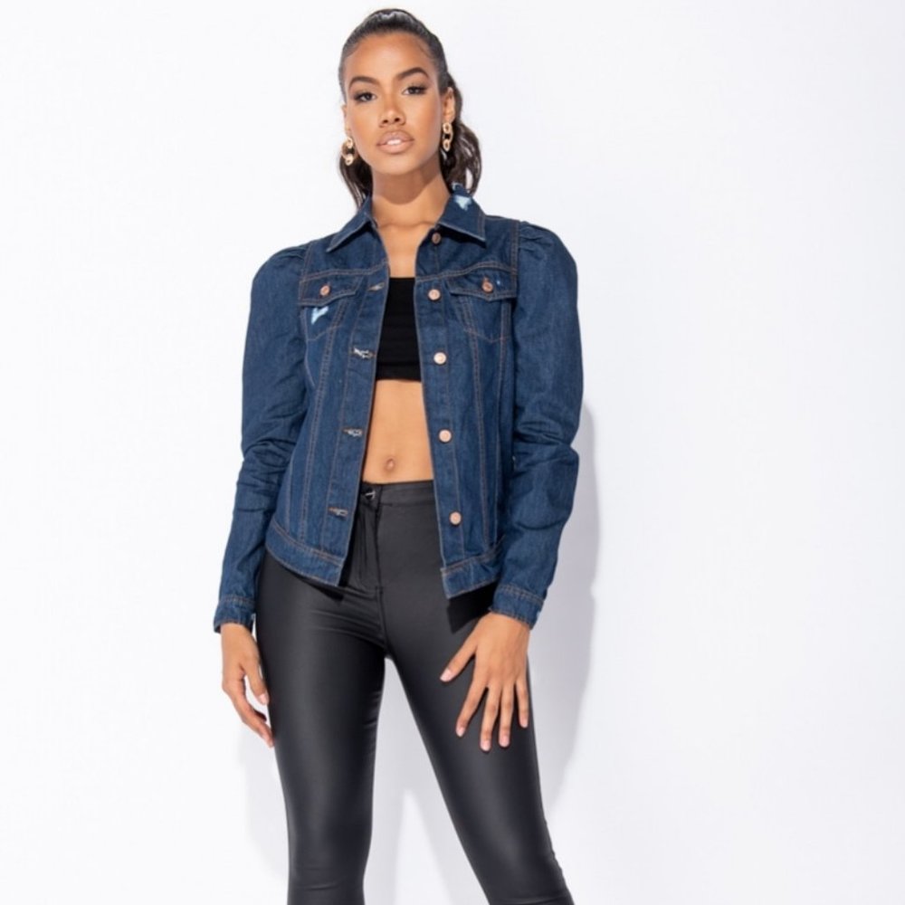 Blue Long Puff Sleeve Distressed Denim Jeans Jacket - Picture 5 of 8